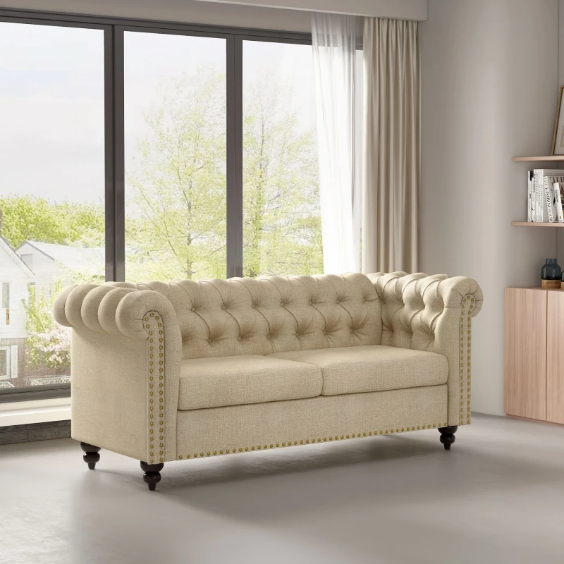Image of MCC DIRECT Mcc Direct - Large 2 seater Chesterfield Style Button back Sofa Couch Linen Fabric Settee victoria beige SF2018