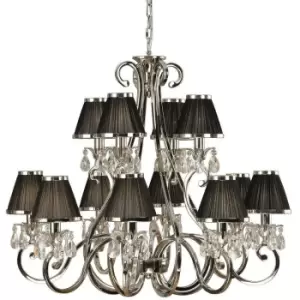 image of Esher Ceiling Pendant Chandelier Nickel Crystal & Black Shades 12 Lamp Light