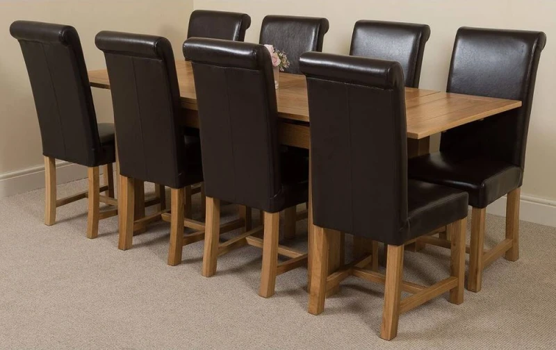 Image of Thats Furniture Richmond 140-220cm Oak Extending Dining Table + 8 Washington Leather Chairs in Brown Brown Unisex