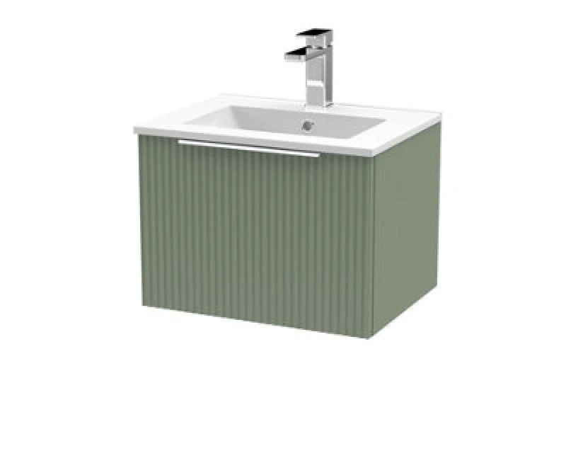 Image of Hudson Reed Fluted Wall Hung 1-Drawer Vanity And Minimalist Basin, Contemporary Sink Vanity Unit, Satin Green, 500mm