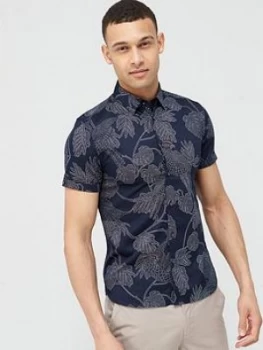 Image of Ted Baker Downdog Parrot & Leaf Print Short Sleeve Shirt - Navy, Size 2, Men