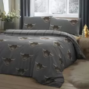 image of Fusion Highland Cow Reversible Duvet Cover Set, Grey, Single