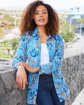 Cotton Traders Womens Seersucker Long Sleeve Print Shirt in Blue