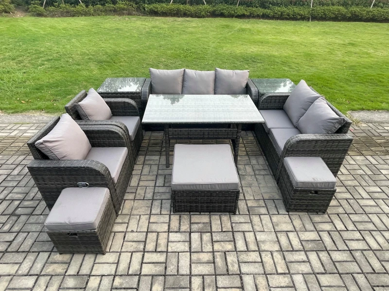 Image of Fimous 10 Seater Garden Rattan Furniture Dining Table Sofa Set Indoor Outdoor with 2 Reclining Chairs 2 Side Tables 3 Footstools Dark Grey Mixed Dark