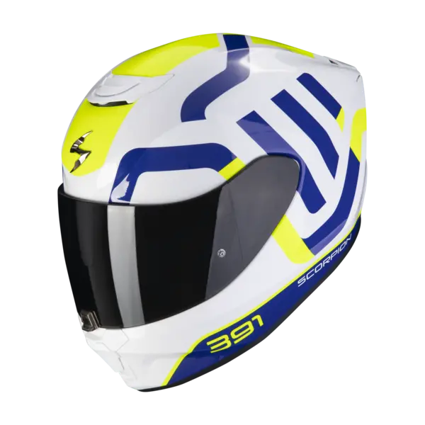 image of Scorpion Exo-391 Arok White-Blue-Neon Yellow Full Face Helmet 2XL