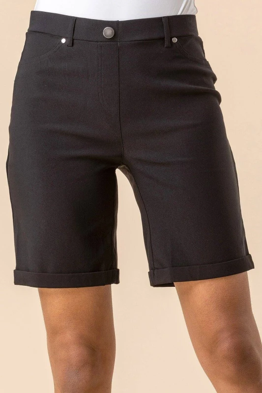 Image of Roman Womens Elastic Waist Turn Up Stretch Shorts in Black Size: 14 Black Female 14
