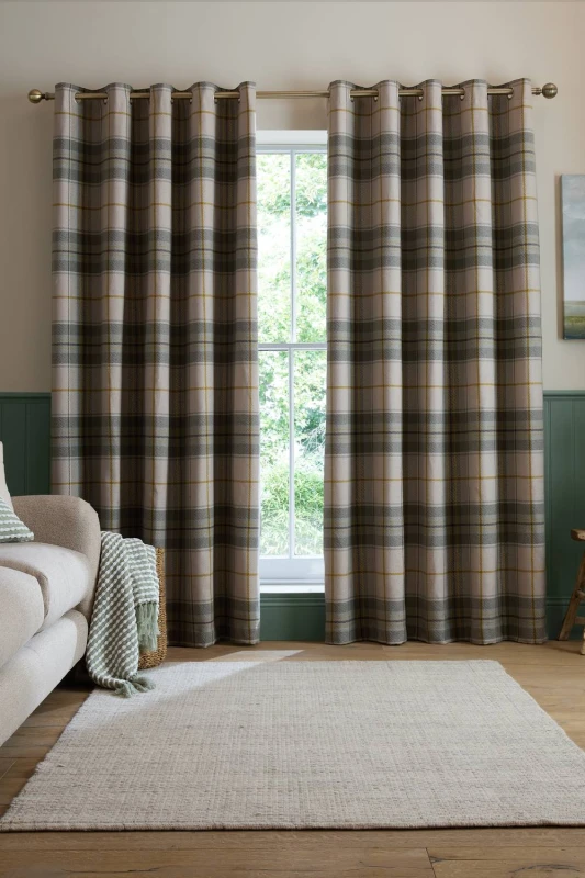 Image of Catherine Lansfield 'Brushed Woven Glencoe Check' Thermal Eyelet Curtains in Green Size: 229cm width x 229cm drop Green Unisex 229cm width x 229