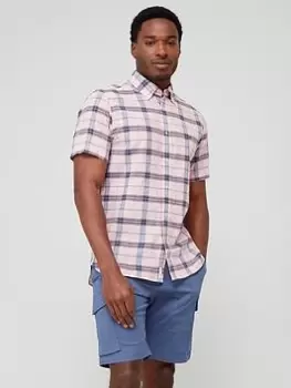 Image of Tommy Hilfiger Tonal Check Regular Fit Short Sleeve Shirt - Pink, Size 2XL, Men
