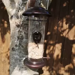 image of Tom Chambers Giant Heavy Duty Flick Top 4 Port Garden Wild Bird Hanging Copper Effect Metal Seed Feeder