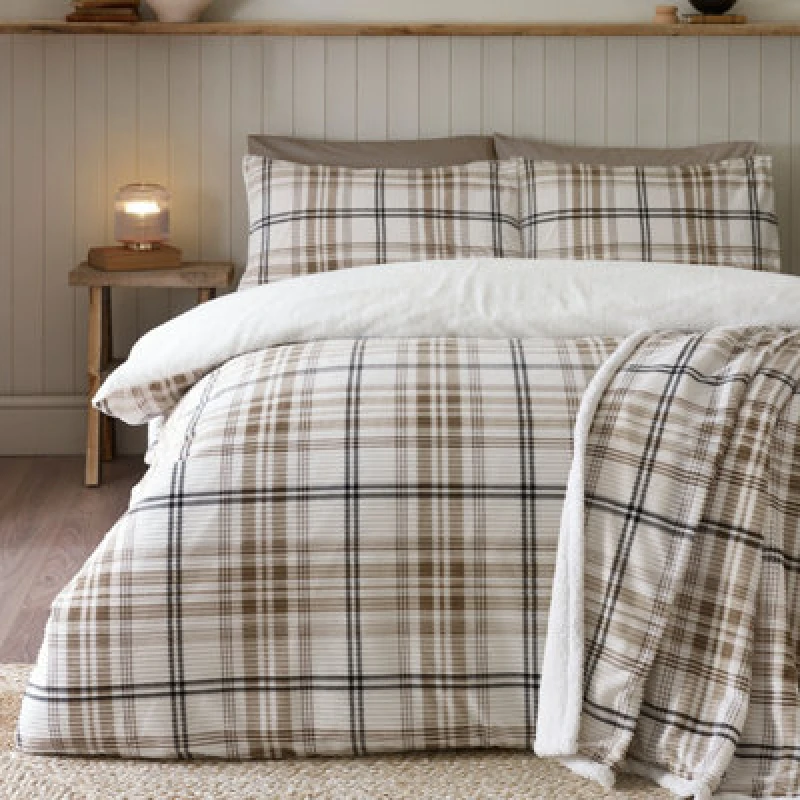 Image of Catherine Lansfield Cosy Ribbed Check Double Duvet Cover Set With Pillowcases Natural