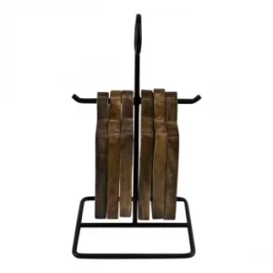 Image of Set Of 6 Mango Wood Coasters On Metal Stand
