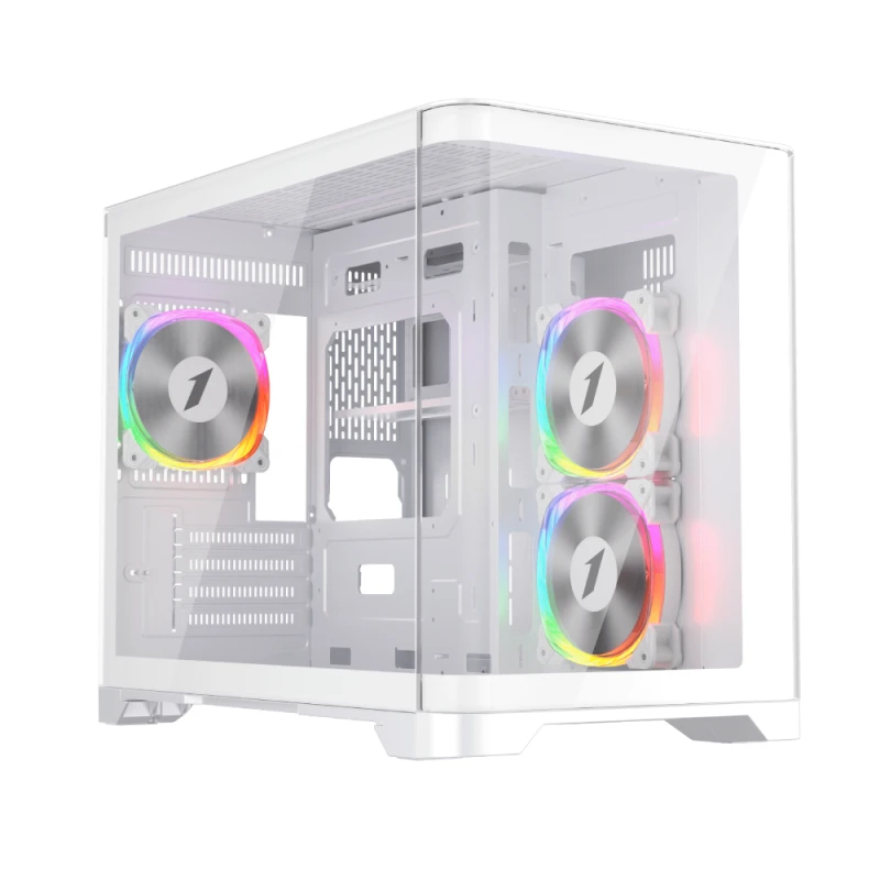 Image of 1st Player UV6 Tempered Glass Micro ATX Gaming Case - White with 3 RGB Fans UV6-WH-2FS7R-W-1FS7-W