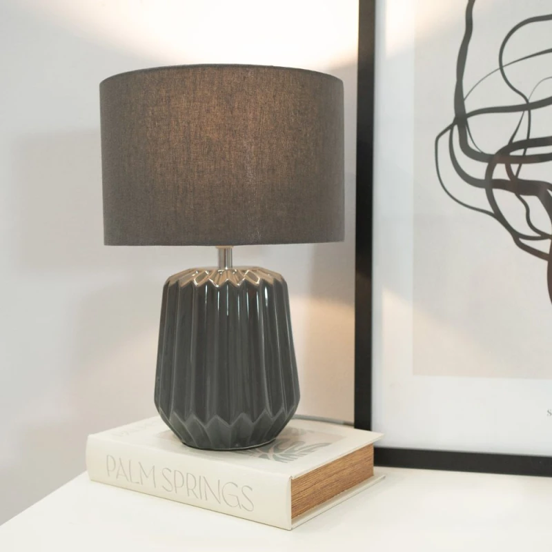 Image of ValueLights Zak Pair Pleated Textured Ceramic Table Lamps with Fabric Shades & LED Bulbs Grey