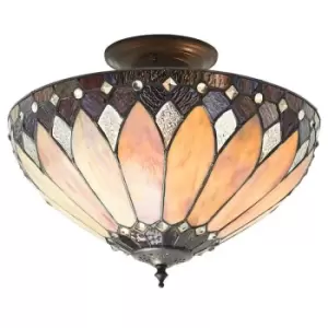 image of Tiffany Glass Semi Flush Ceiling Light Cream Bronze Round Inverted Shade i00158