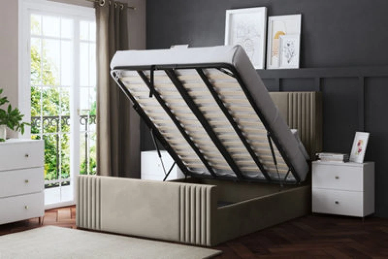 Image of DS LIVING Elara Winged Cream Upholstered Bed With Ottoman Metal Gas Lift Single AM_DVNSHROB_SIN_CRE