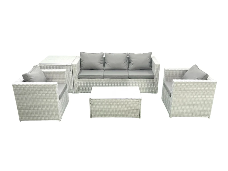 Image of Fimous Rattan Garden Furniture Set with 3 Seater Sofa 2 Chair Rectangular Coffee Table Side Table Light Grey Mixed 5 Seater Light Grey