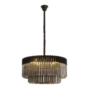 image of Poland Ceiling Pendant Round 12 Light E14, Matt Black, Smoke Sculpted Glass, Item Weight: 25.4kg