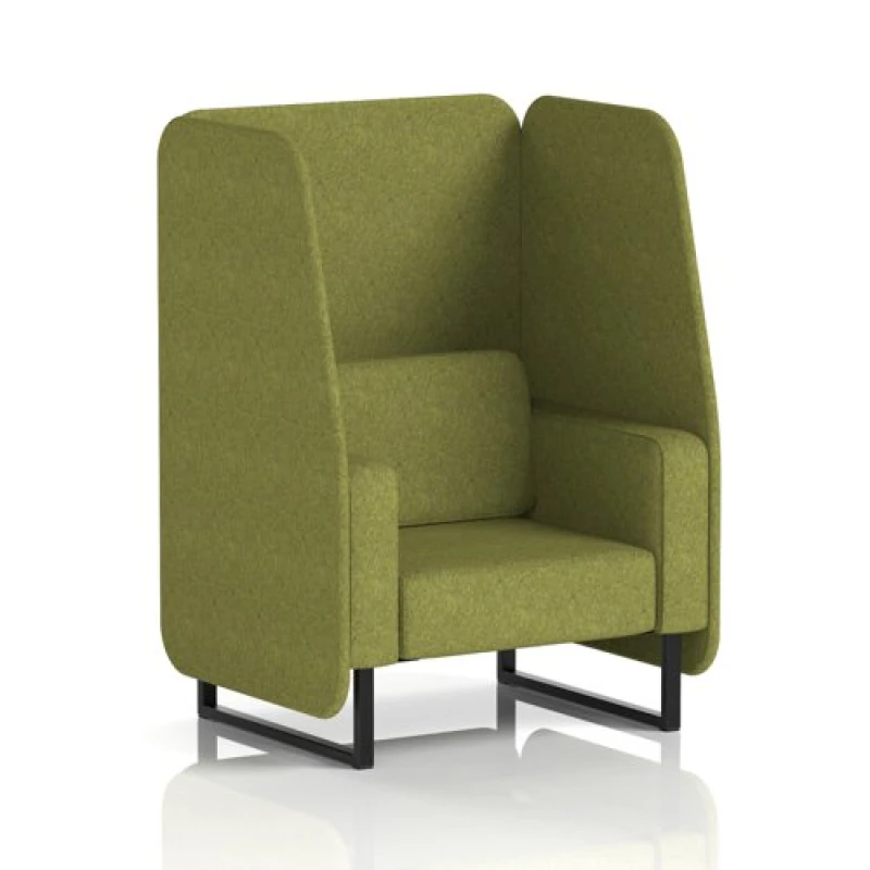 Image of Brixworth 1 Seater Open Office Booth with Black Legs in Rivet Fabric - Olive Panels and Sofa