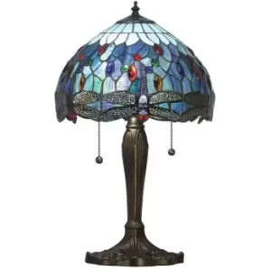 image of Interiors Dragonfly Blue - 2 Light Small Table Lamp Dark Bronze, Blue, Tiffany Style Glass, E27