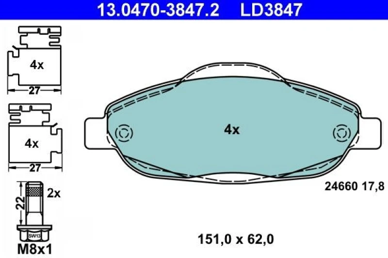 Image of ATE 13.0470-3847.2 Brake pad set excl. wear warning contact, with accessories, with brake caliper screws Brake Pad Set,disc brake (402)