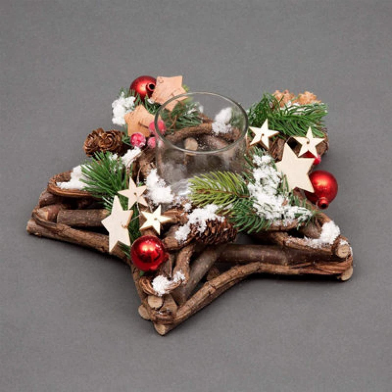 Image of Shatchi Star Shape Wooden Candle Holder Tabletop Centrepiece Christmas Decorated with Red/Silver Baubles, Berries and Cones. Multi