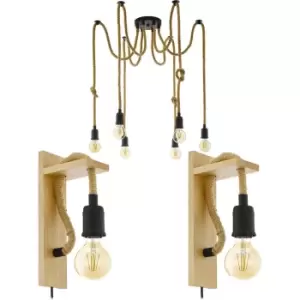 Image of Multi Bulb Ceiling Pendant Light & 2x Matching Wall Lights Black & Rope Trendy