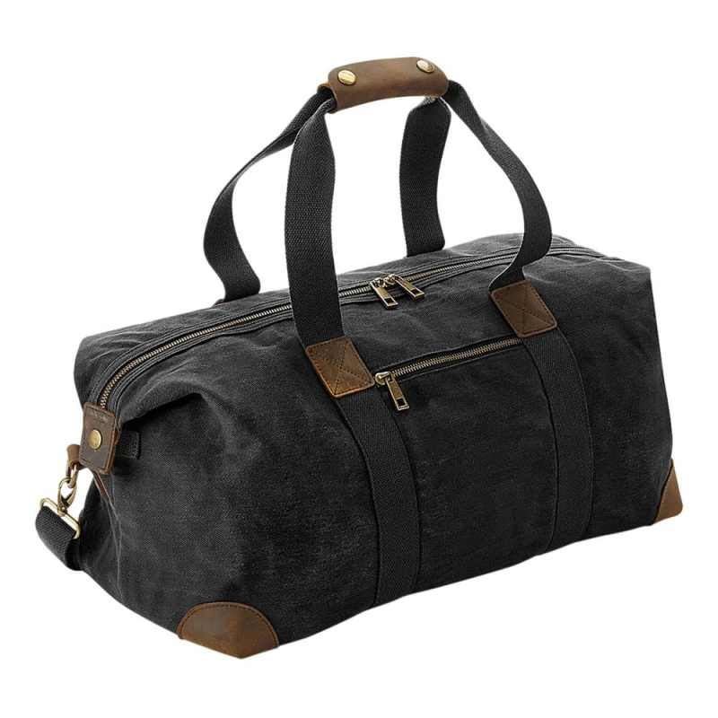 Image of Quadra Mens Heritage Leather Accented Waxed Canvas Holdall One Size in Black Male One Size
