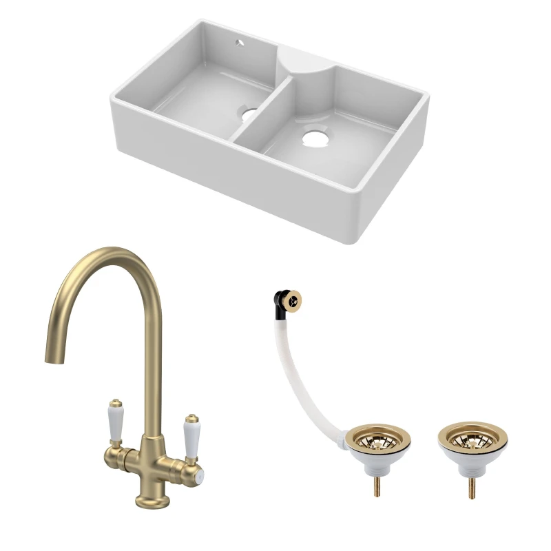 Image of Balterley Fireclay 2 Bowl Stepped Weir Butler Sink Wastes Tap 895mm Bronze