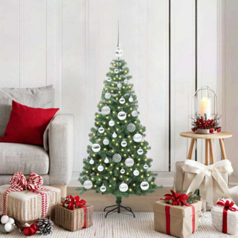 Image of vidaXL Christmas Tree with 150 LEDs, Silver Balls with Stand Green 120cm PVC, Green 3396363