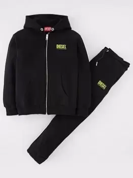 Image of Diesel Boys Logo Zip Through Hoodie Jog Set - Black, Size Age: 10 Years