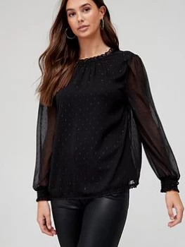 Image of Superdry Lurex High Neck Sheer Sleeve Blouse - Black, Size 12, Women