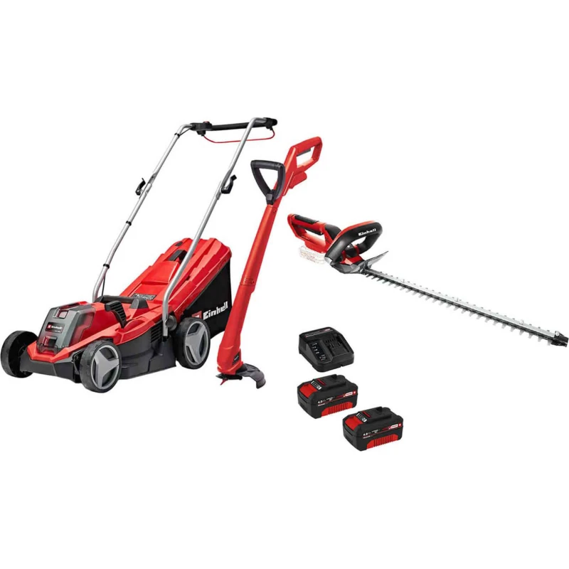 Image of Einhell GE-CM 18v Cordless Rotary Lawnmower, Grass and Hedge Trimmer Kit 2 x 4ah Li-ion Battery Charger GE-CMKIT2