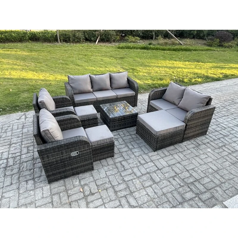 Image of Fimous 10 Seater Garden Furniture Set Rattan Outdoor Lounge Sofa Chair With Tempered Glass Table 3 Footstools Dark Grey Mixed Dark Grey