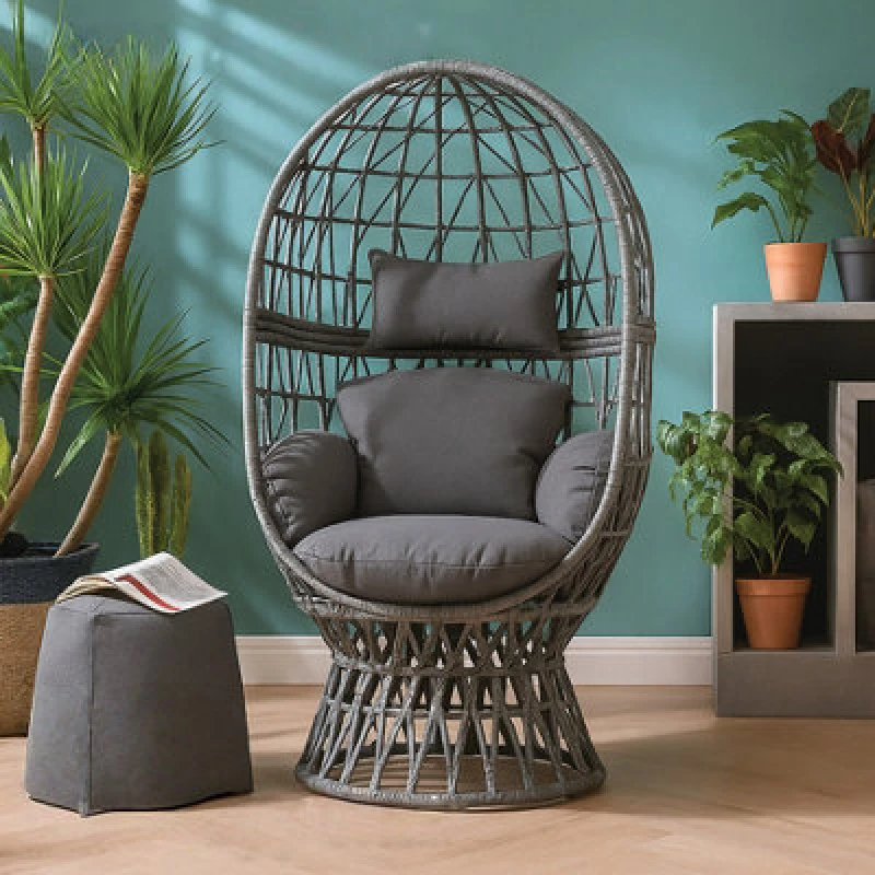Image of Home Republic Black Rattan Egg Chair With 360 Degree Swivel Comfy Indoor Outdoor Lounge Chair With Cushions