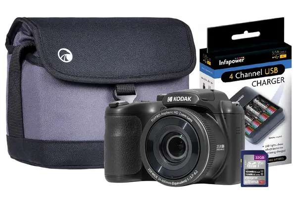Image of Kodak Kodak PIXPRO AZ255 Bridge Camera with 4x AA Batteries, 32GB SD, Case & Charger AZ255-BK 32GBCASEAACHGR