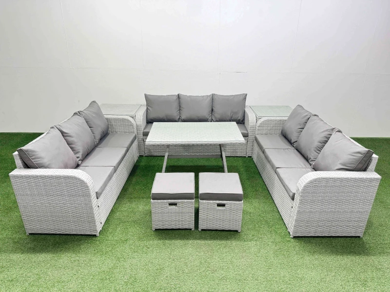 Image of Fimous 11 Seat PE Rattan Garden Furniture with 2 Side Tables 2 Small Stools in Light Grey Light Grey Unisex