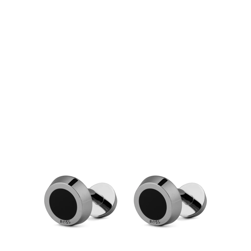 Image of Boss Mens Simony Polished Silver-Tone Cufflinks Navy male One Size