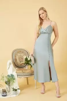 Image of Silver Satin Button Detail Slip Dress