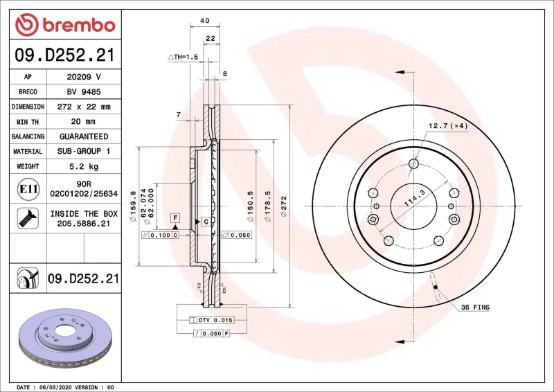 Image of BREMBO Brake disc BREMBO 09.D252.21