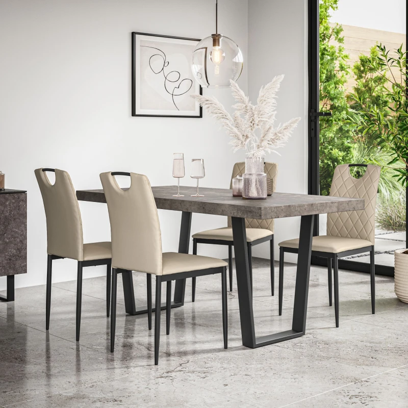 Image of More4Homes Aria Dining Table & Chairs - Concrete Effect Table Top w Black Legs + Monza Faux Leather Dining Chair Set Of 4 in Beige Beige Unisex