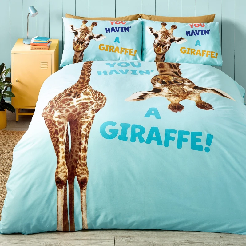 Image of Catherine Lansfield Havin A Giraffe Reversible Duvet Cover Set Duvet Cover Sets Double Blue 72225618030