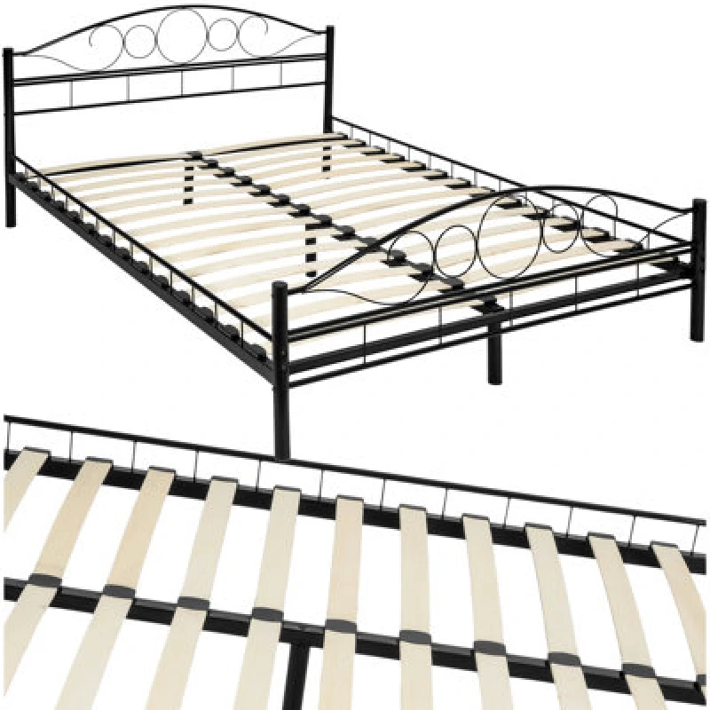 Image of Tectake Metal Bed Frame Art With Slatted Base 200 X 140 Cm - 60 Cm - Black/black