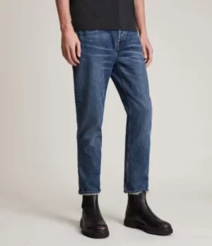 Image of AllSaints Mens Dean Cropped Slim Jeans, Dark Indigo, Size: 34