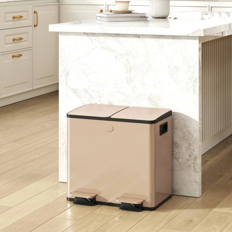 Image of HOMCOM 2 x 15L Dual Kitchen Bin Pedal Bin for Recycling & Waste, Gold Tone Size: Small Gold Unisex Small