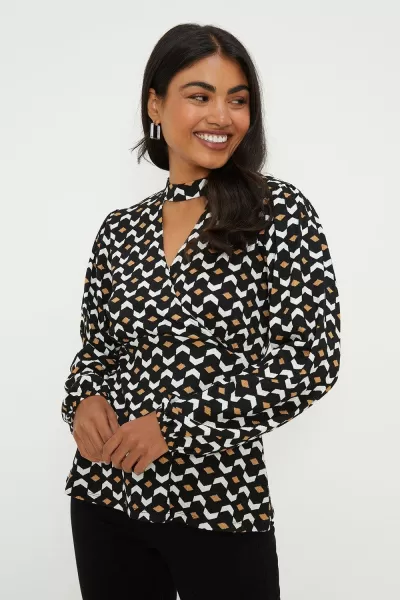 Image of Dorothy Perkins Abstract Cut Out Blouson Sleeve Peplun Crinkle Jersey Top Multi