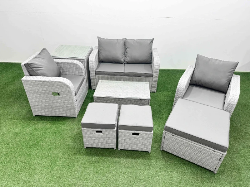 Image of Fimous Light Grey PE Wicker Rattan Garden Furniture Set Sofa Set Reclining Adjustable Chair Rectangular Coffee Table 7 Seater 3 Small Stools Side Tabl