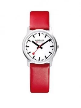 Image of Mondaine Mondaine Swiss Made Simply Elegant White Sapphire Glass Dial Polished Stainless Steel 36Mm Case Red Leather Strap Watch
