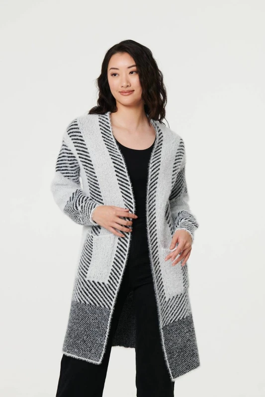 Image of Izabel London Womens Striped Longline Relaxed Cardigan in White Size: S/M White Female S/M