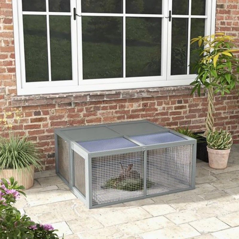 Image of PawHut Wooden Folding Rabbit Run for 2-3 Rabbits, Guinea Pig - Grey - Pawhut 5056725538293