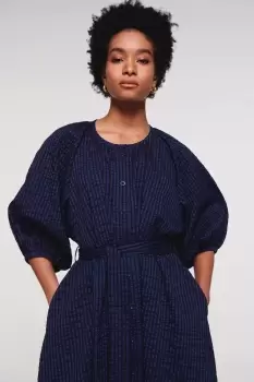 Hibiscus Button Volume Sleeve Midi Dress, Navy Seersucker / UK 10